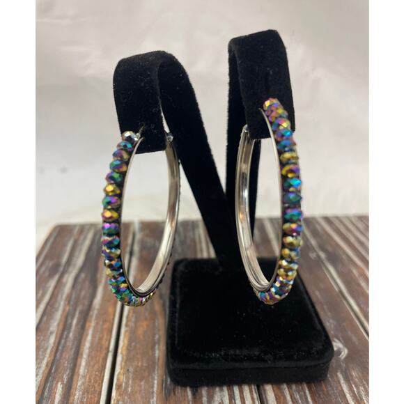 Women's Multicolored Beaded Hoop Earrings GUC Silver - Picture 2 of 5